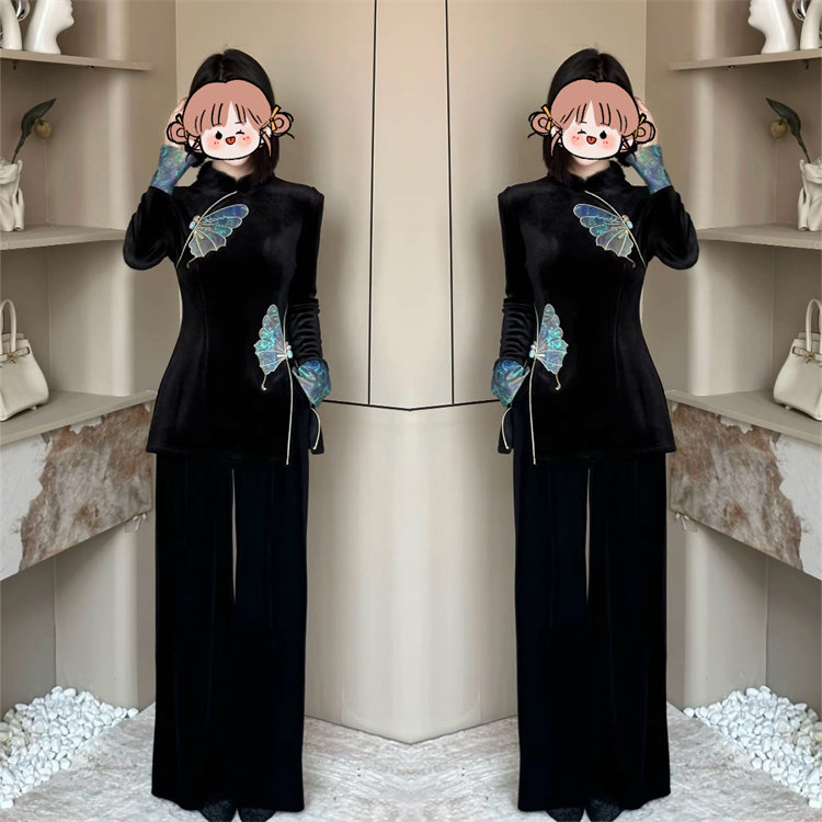 新中式国潮风优雅套装女2025冬季新款轻奢蝴蝶丝绒旗袍上衣阔腿裤,女装/女士精品,汉服套装,淘宝优惠券,粉丝福利购,淘宝优惠卷