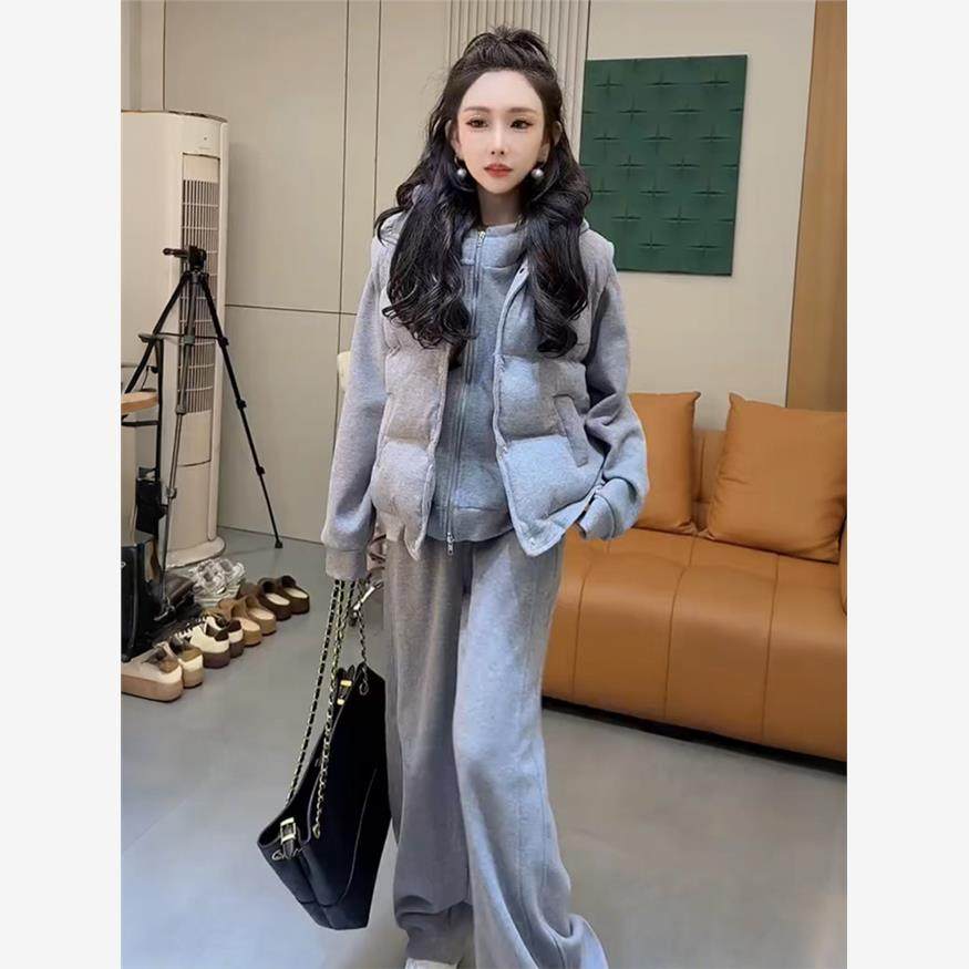 保暖秋冬新款韩版休闲运动套装女加绒加厚卫衣卫裤棉马甲三件套潮