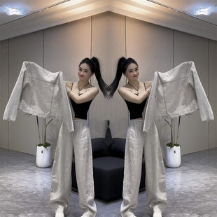 韩系休闲亚麻西装套装女春季新款棉麻马甲西服外套阔腿裤两件套