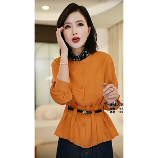 2026春季韩系收腰衬衫女气质时尚显瘦单排扣设计感通勤橘色上衣潮
