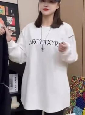 t恤高级感慵懒风白色长袖T恤女宽松显瘦中长款字母印花百搭上衣潮