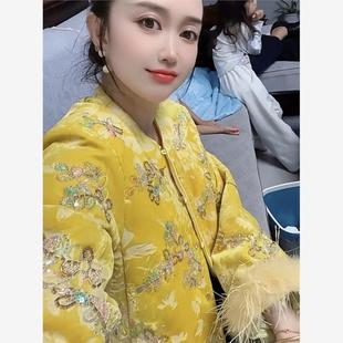 2025秋冬网红新款新中式棉服女国风黄色重工刺绣钉珠显瘦加棉外套