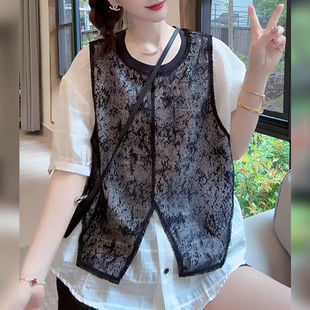 小个子设计感上衣 假两件黑白搭配蕾丝拼接短袖 衬衫 女2025夏季 新款