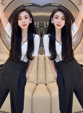 欧洲站夏季女高腰阔腿背带裤套装