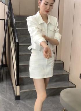 2025早秋网红新款牛仔套装裙女小个子气质白色显瘦短外套+半身裙
