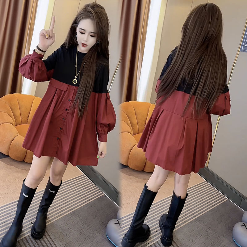 2025秋季新款连衣裙女韩版时尚宽松显瘦拼色假两件灯笼袖娃娃裙子