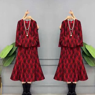 显瘦上衣 独特气质名媛套装 撞色印花修身 新款 半身裙潮 裙2025冬季