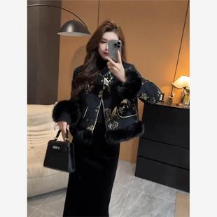 中国风提花盘扣外套 女2025冬新款 半身裙 套装 复古炸街黑色毛领袖