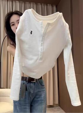 韩系日常百搭休闲白色上衣女2025早秋慵懒风半开领修身显瘦打底衫