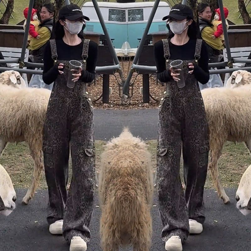 美式复古炸街豹纹牛仔背带裤欧货高级感时尚慵懒风减龄网红同款