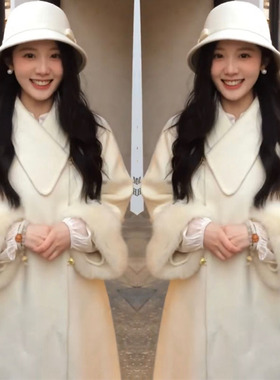 2025冬季网红新款羊绒尼大衣女轻奢干净白色毛毛袖显瘦中长款外套