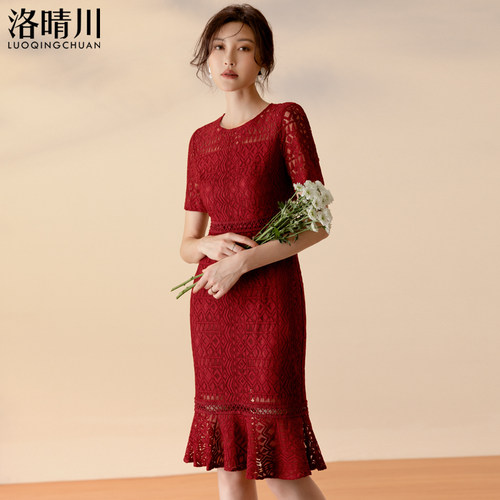 2025高腰连衣裙女红色夏季鱼尾
