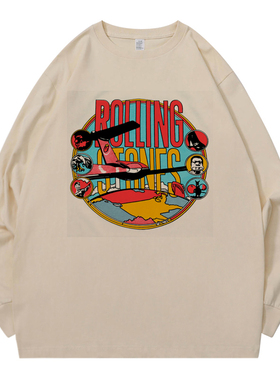 rolling stones滚石乐队 复古印花摇滚长袖T恤男女同款百搭宽松