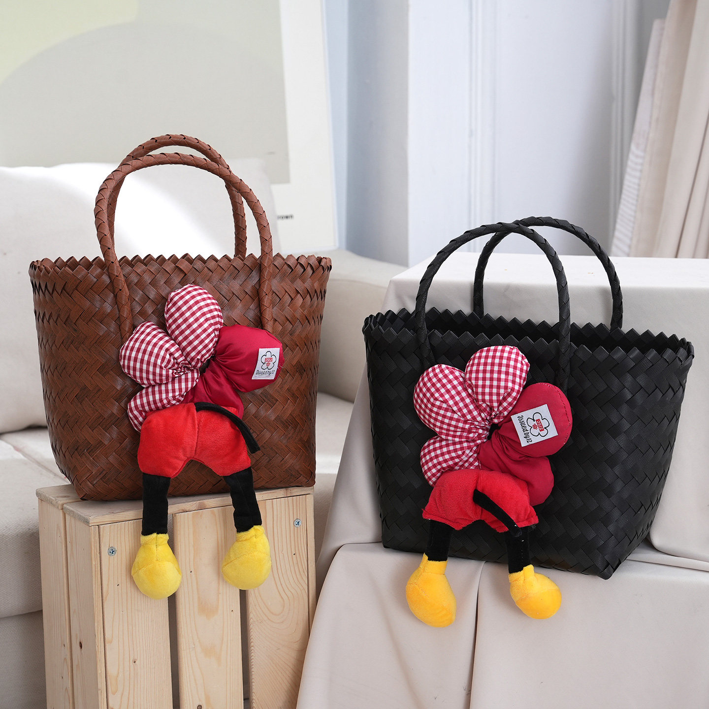 爆款卡通手工编织包包女式海边度假风大容量单肩包手提饭盒便当包