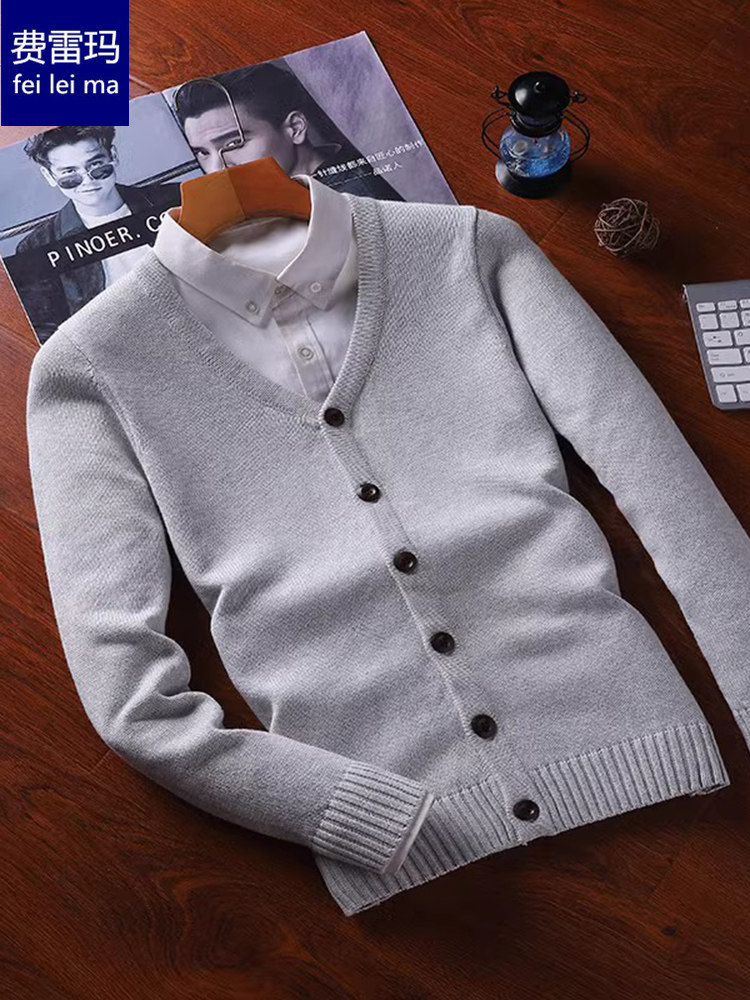 KOREAN VERSION OF MENS SWEATER CARDIGAN JACKET PURE COTTON KNIT SWEATER PERSONALITY FASHION UPPER CLOTHES OUTER SWEATER AUTUMN THIN