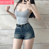 女装 阔腿超短裤 夏装 做旧复古牛仔裤 美式 辣妹热裤 高腰直筒a字裤 子