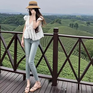 紧身铅笔九分裤 辣妹提臀高腰修身 复古刺绣口袋水洗小脚牛仔裤 美式