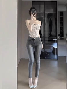网红设计感蓝灰色修饰腿型高腰提臀牛仔裤 女显瘦复古弹力小脚铅笔