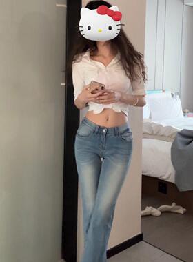 2025春季新款浅蓝色丰胯喇叭牛仔裤辣妹气质修身提臀高腰喇叭长裤