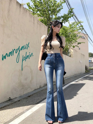 包邮韩国微喇叭牛仔裤长裤