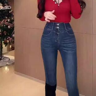 设计感铅笔裤 高腰提臀修身 辣妹蕾丝蝴蝶结小脚牛仔裤 自带丰胯垫