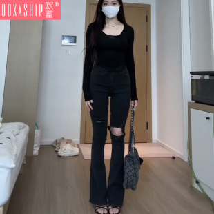 韩版秋季新款双腿破洞微喇牛仔裤女弹力显瘦修身设计感高腰喇叭裤