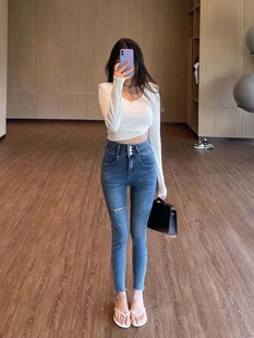 设计感韩版春秋高腰水洗蓝色破洞小脚牛仔裤女弹力紧身显瘦铅笔裤
