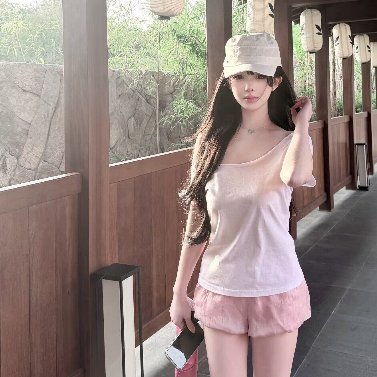 [粉泡泡]天丝粉紫色泡泡裤纯欲娇嫩气质高腰显腿长蓬莲休闲短裤女