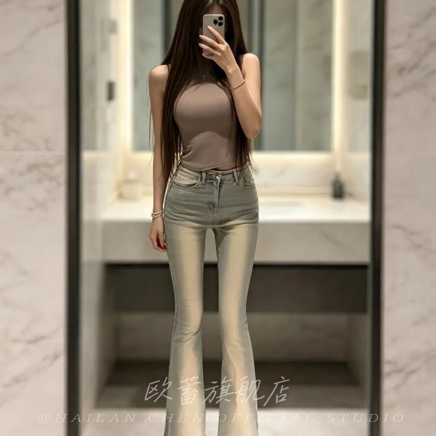 【美腿修容裤】复古水洗磨白丰胯裤子辣妹风高腰毛边微喇牛仔裤女图片