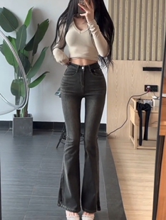自带胯垫韩系微喇牛仔裤女复古水洗紧身显瘦高腰开叉丰胯喇叭裤子