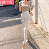 女高腰紧身弹力显瘦显高铅笔九分小脚裤 乳白色牛仔裤 潮 春夏季 薄款