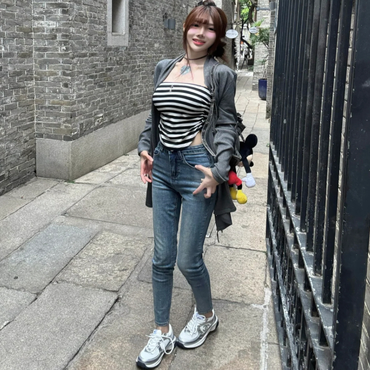 复古水洗丰胯牛仔裤女弹力紧身提臀小脚裤高腰显瘦铅笔毛边九分裤