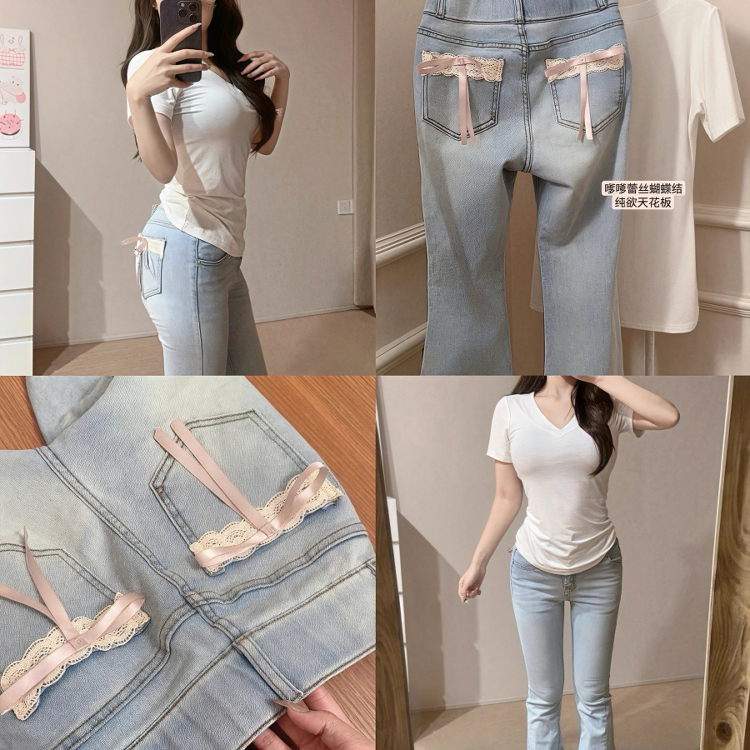 甜美蕾丝蝴蝶结丰胯微喇叭牛仔裤