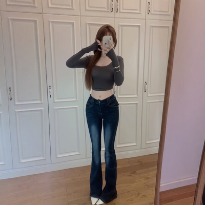 韩版复古前后V腰丰胯微喇牛仔裤春秋款辣妹气质提臀显瘦喇叭长裤