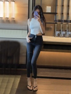 破洞水洗小腳牛仔褲 女 復古高腰顯瘦顯腿長彈力緊身個性 網紅風美式