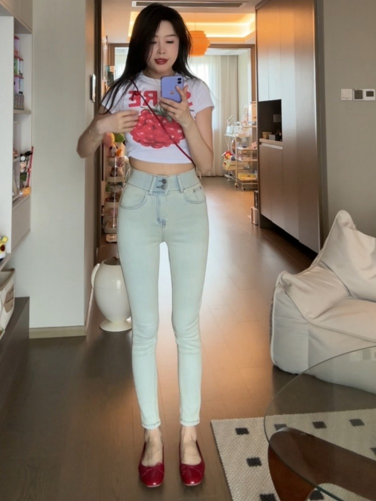 韩系复古水洗紧身牛仔裤女高腰弹力显瘦浅蓝百搭九分铅笔小脚裤子