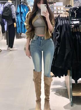 自动丰胯垫~浅蓝色复古水洗牛仔裤高腰弹力紧身显瘦铅笔九分裤女