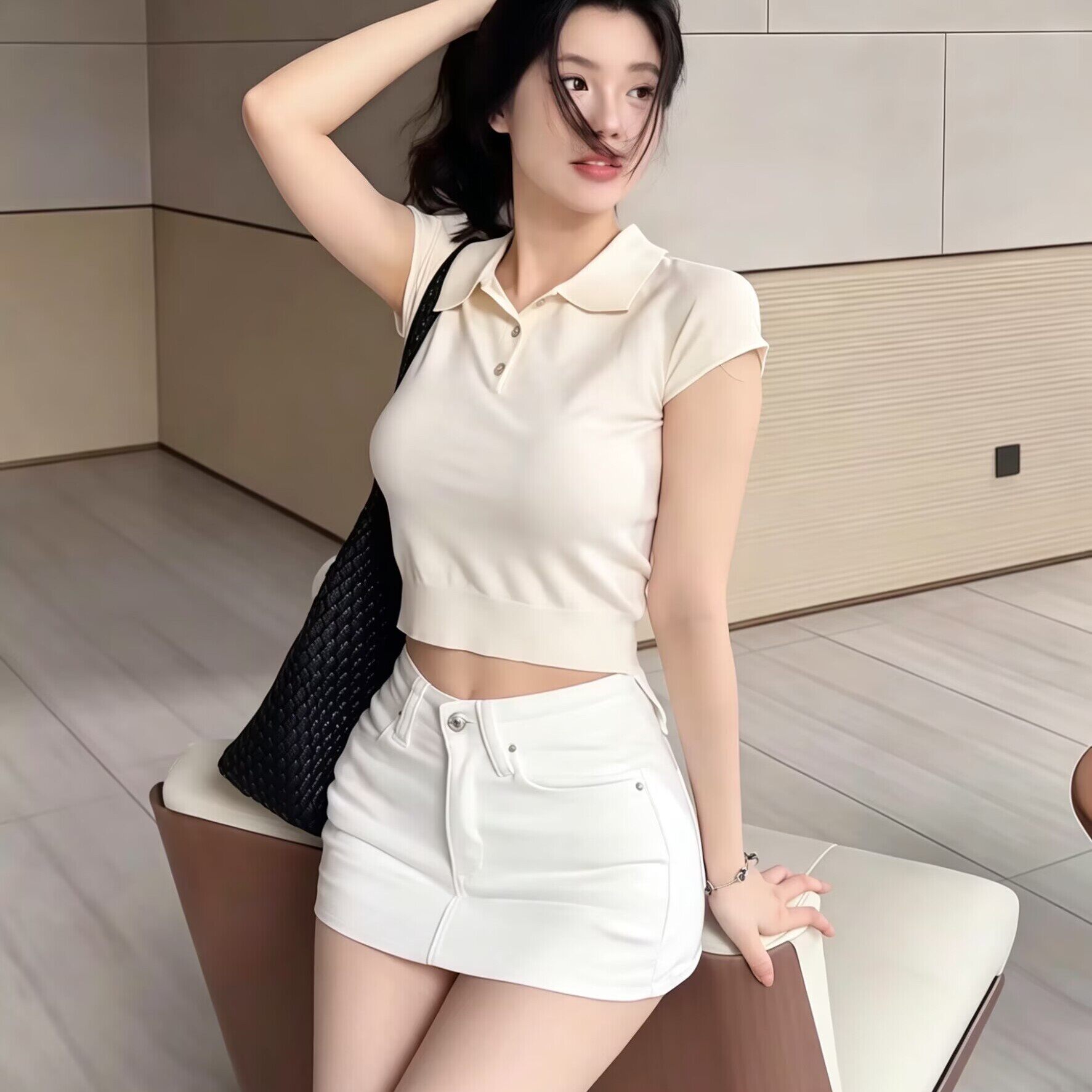 时尚韩系polo领正肩修身短袖针织上衣美式丰胯辣妹包臀半裙两件套