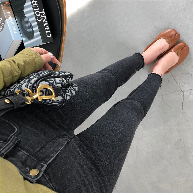 巨显瘦时髦洋气黑灰色牛仔裤韩版毛边弹力修身高腰紧身铅笔九分裤