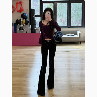 欧蓄黑色微喇叭裤2025春装