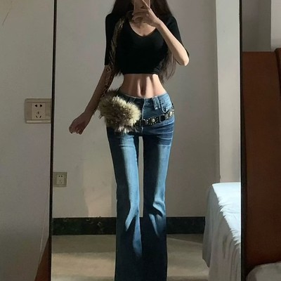 高个子b入美式低腰深蓝色阔腿牛仔裤女弹力修身垂感微喇拖地长裤