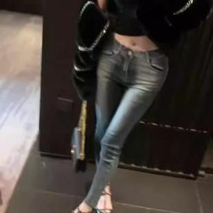 韩版新款时髦刷白复古做旧磨白紧身铅笔九分牛仔裤高腰紧身小脚裤