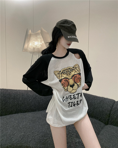 Actual shot ~ Early autumn new long-sleeved T-shirt for women, loose contrasting color round neck, leopard head letter print top, trendy