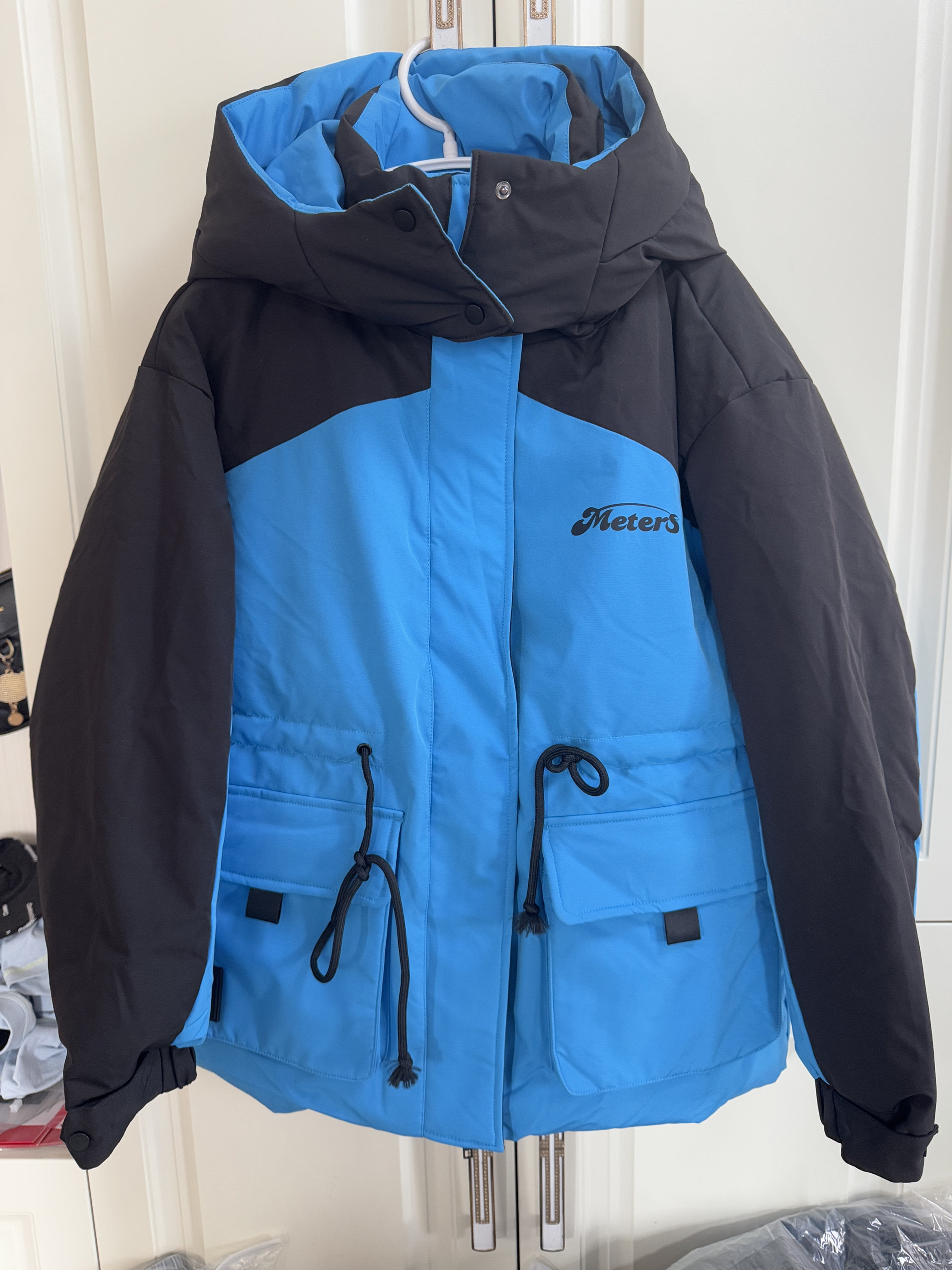 美特斯女羽绒服冬季新款拆卸帽子加厚宽松保暖鸭绒外套拼色上衣