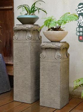 新中式祥云展示柱仿石柱墩仿古落地摆件客厅装饰摆设庭院盆栽底座