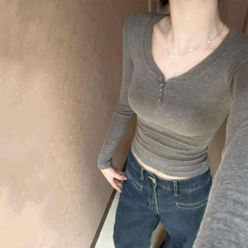 正肩v领长袖t恤女短款打底衫上衣