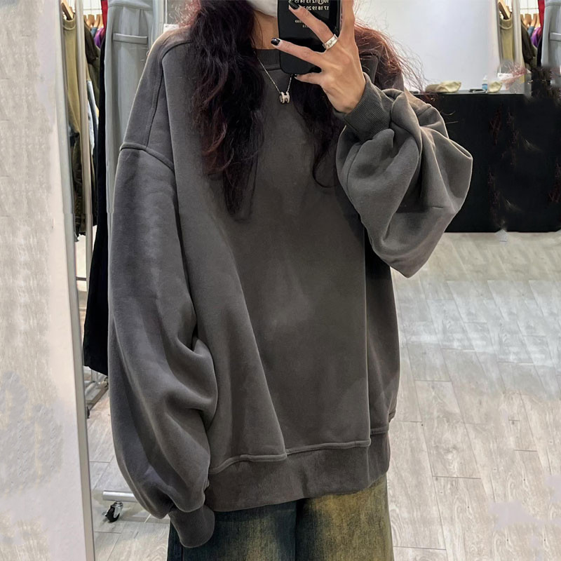 加绒加厚无帽卫衣女宽松慵懒上衣