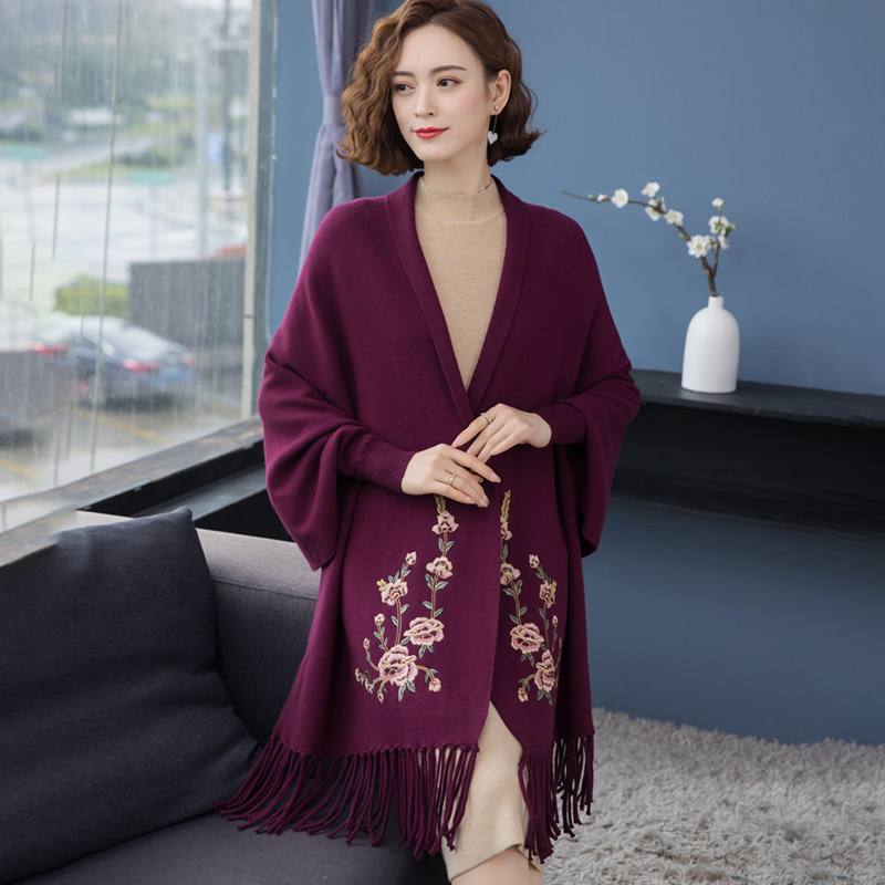 春秋羊毛披肩外套女外搭旗袍高端毛衣秋冬季可穿带袖针织羊绒披风