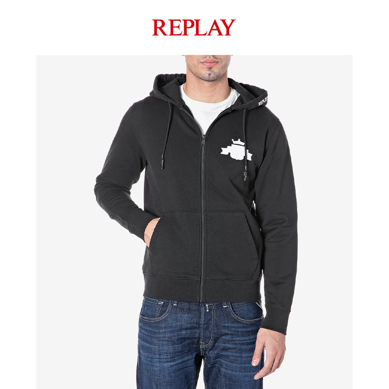 replay男士经典logo带帽拉链纯棉春秋款卫衣外套基础款