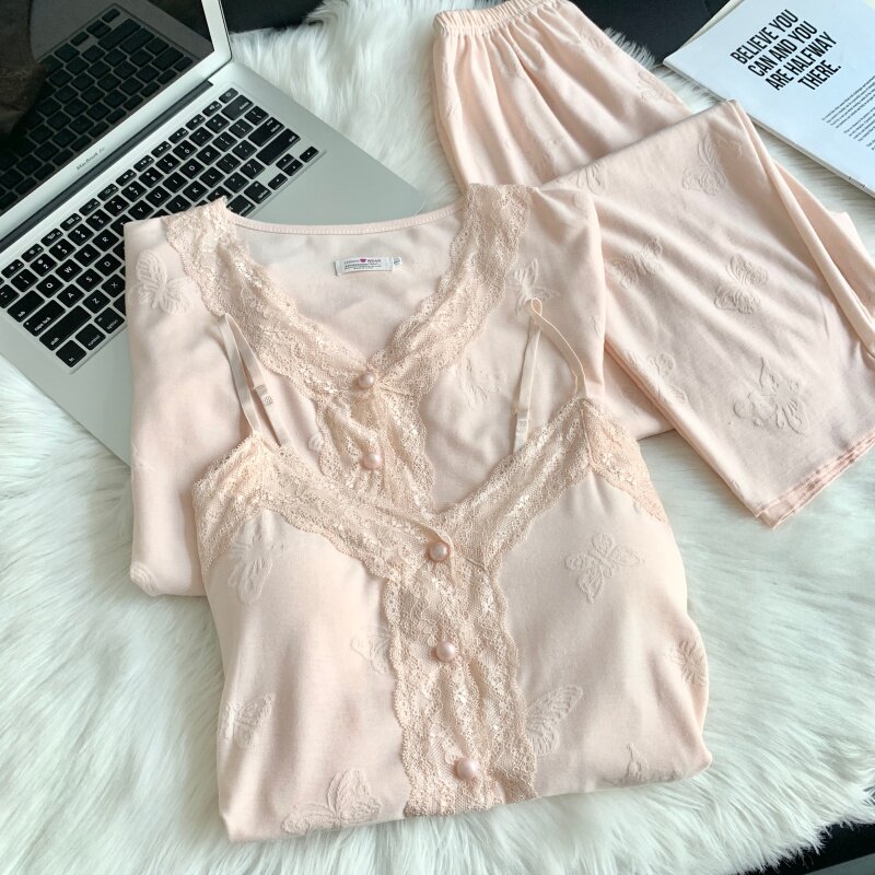 2026新款睡衣女春秋季三件套纯棉蕾丝带胸垫吊带可外穿家居服套装